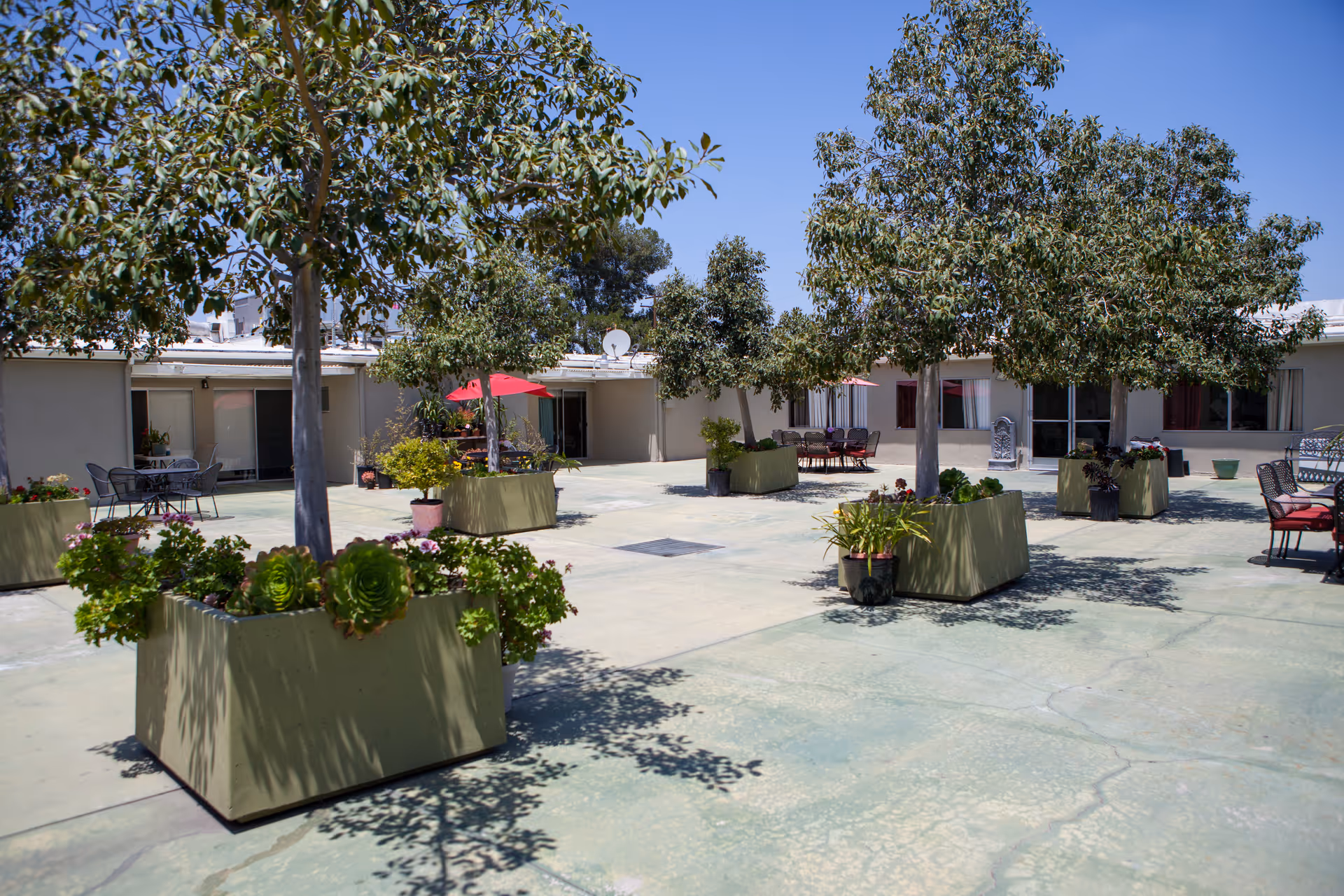 Outdoor courtyard area at Garden Park Care Center with large rectangular planters containing trees and various plants. There are several seating areas with tables, chairs, and umbrellas under a clear blue sky.