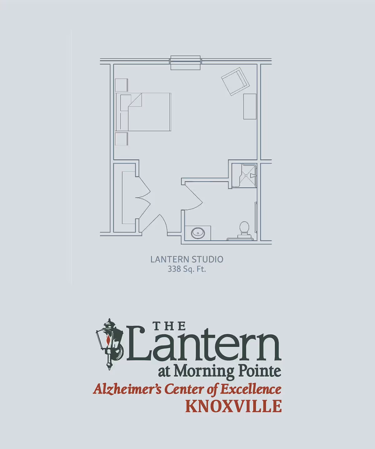 Architectural floor plan of a Lantern Studio apartment at The Lantern at Morning Pointe, showing a 338 square feet layout with a bedroom area, bathroom, and small sitting area.