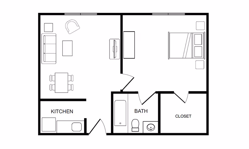Black and white architectural floor plan of a one-bedroom apartment showing a living room with sofa, chair, coffee table, dining table with four chairs, a kitchen area, a bathroom with bathtub, toilet, and sink, a bedroom with a bed and two nightstands, and a closet.