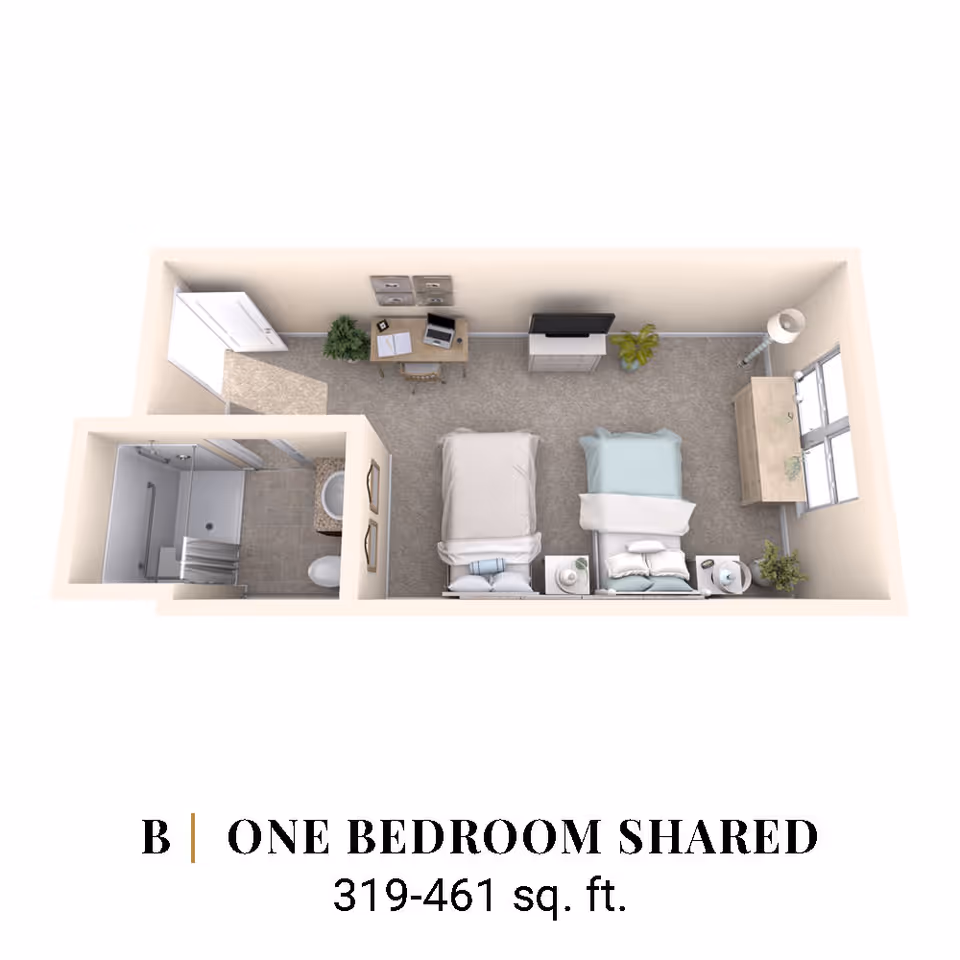 Top-down 3D floor plan of a shared one-bedroom apartment showing two beds, a bathroom, a desk, dresser, and windows.
