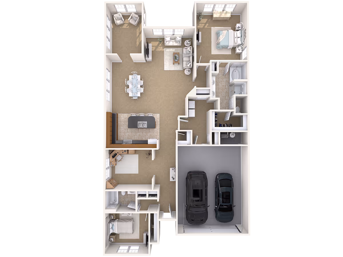3D floor plan of a single-story home featuring two bedrooms, two bathrooms, a kitchen with an island, a dining area, a living room, a small office space, and a two-car garage. The layout shows furniture placement including beds, sofas, dining table, and office desk.
