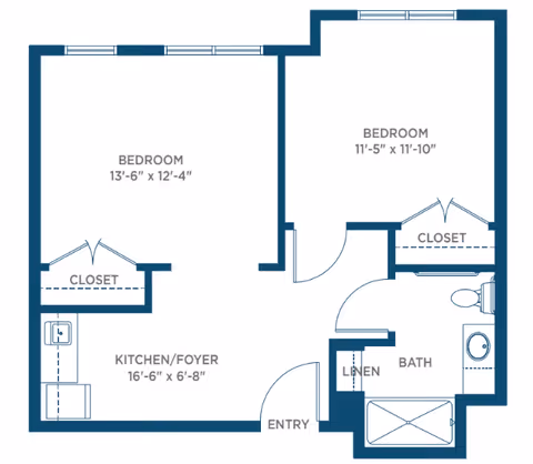 Architectural floor plan of a residential unit at Somerby Peachtree City showing two bedrooms with closets, a combined kitchen and foyer area, a bathroom with a bathtub, toilet, and sink, a linen closet, and an entryway.