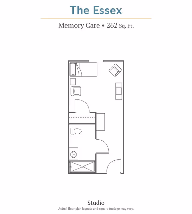 Floor plan titled "The Essex" for a 262 sq. ft. memory care studio showing a bed, seating area, sink/shower and toilet.