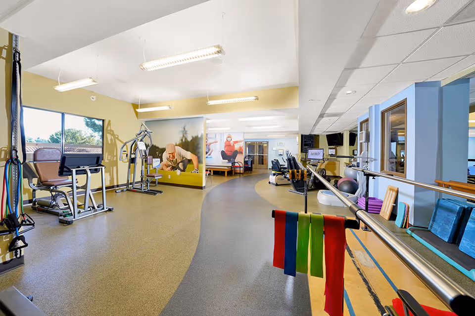A spacious fitness and rehabilitation room with exercise equipment including resistance bands, stationary bikes, and weight machines. The room has large windows letting in natural light, colorful wall murals depicting active seniors, and a handrail with resistance bands attached for physical therapy exercises.