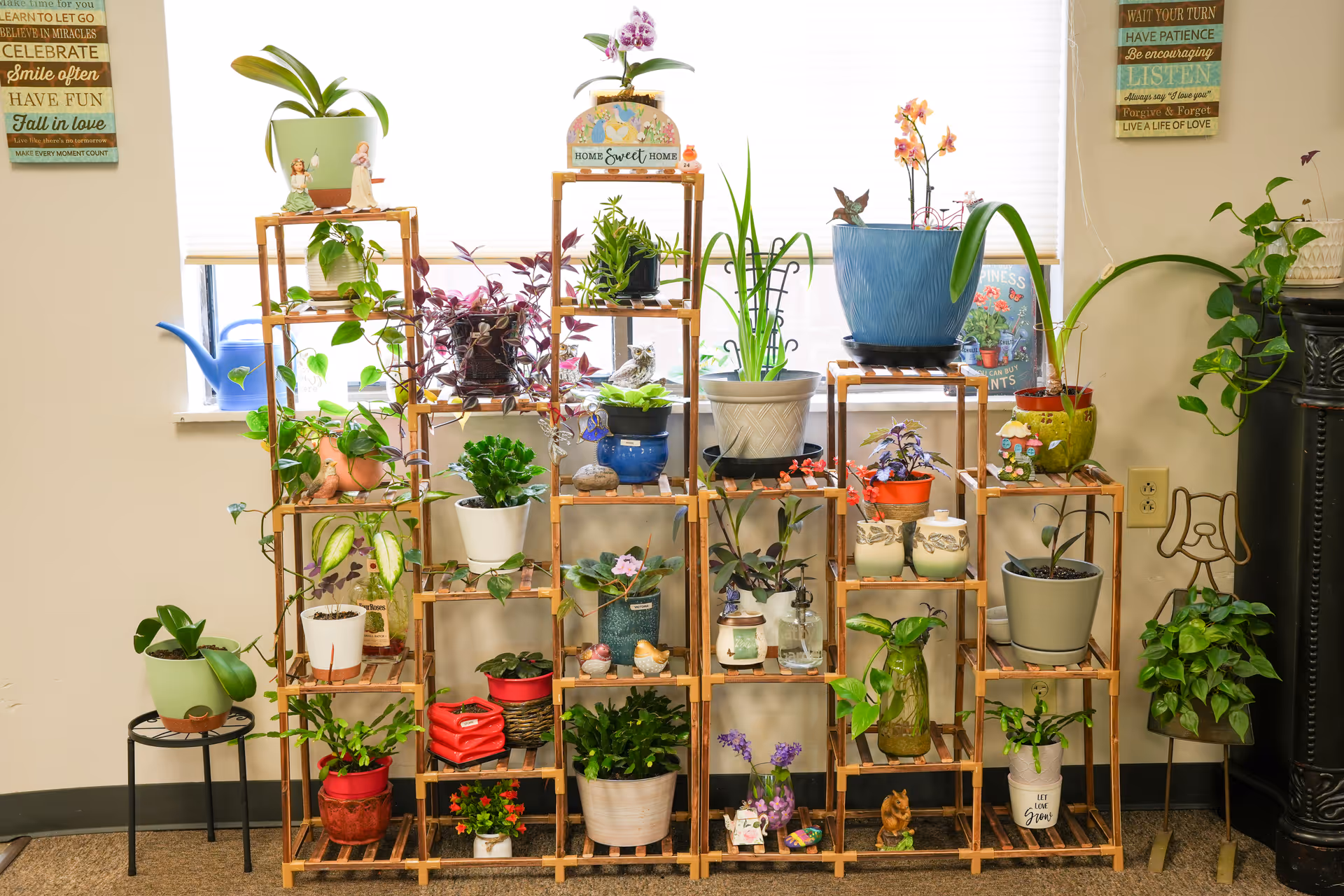 A wooden multi-tier plant stand filled with various potted plants and small decorative items, placed indoors against a wall with a window covered by a white blind. Inspirational wall plaques with motivational quotes are hung on either side of the window. The floor is carpeted and there is a black decorative column on the right side.