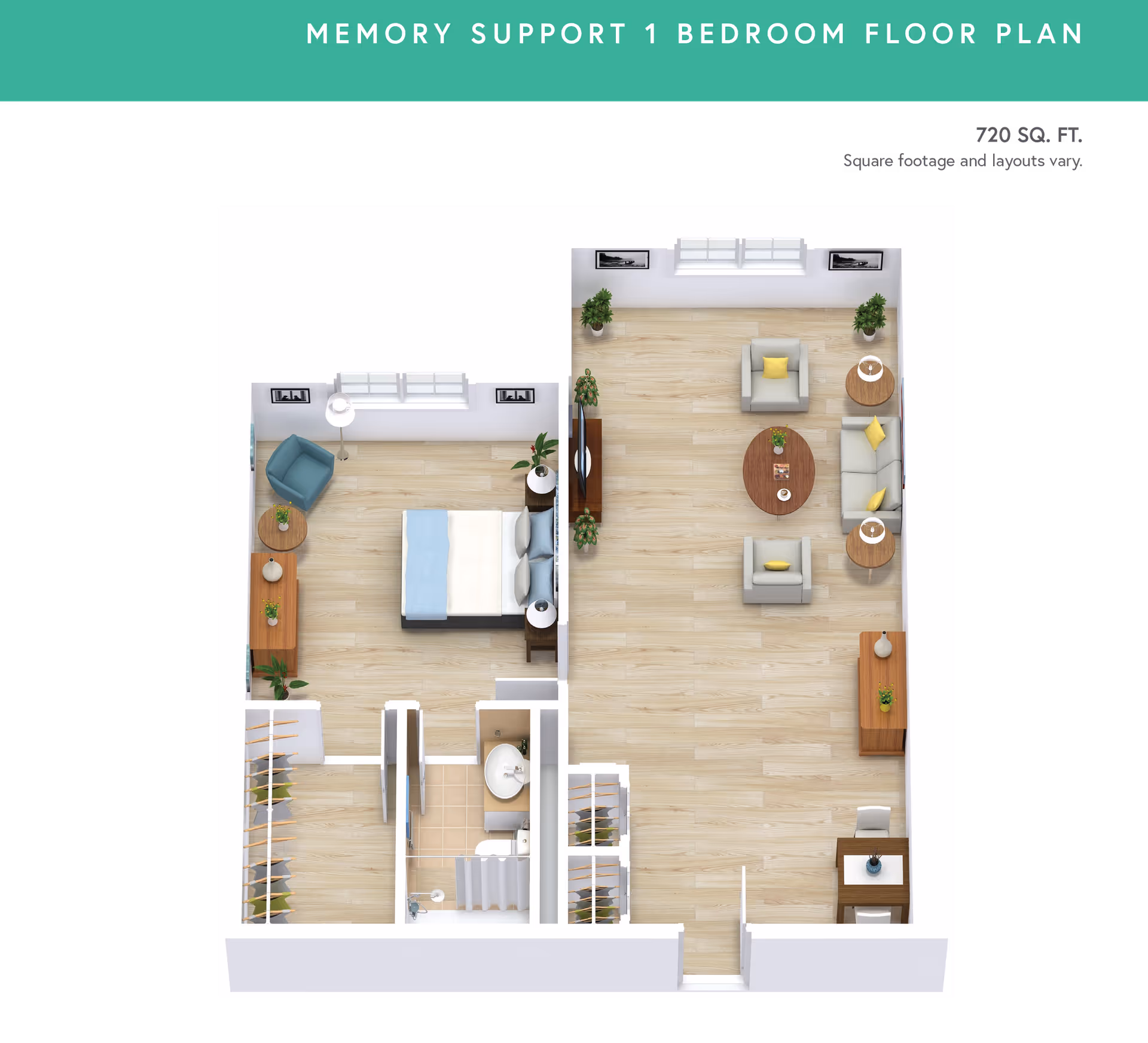 3D floor plan of a memory support 1-bedroom apartment showing a bedroom with a bed, armchair, and dresser; a bathroom with a shower, sink, and toilet; a living room with a sofa, two armchairs, coffee table, side tables, TV stand, and plants; and a small dining area with a table and two chairs. The floor is light wood, and the total area is 720 square feet.