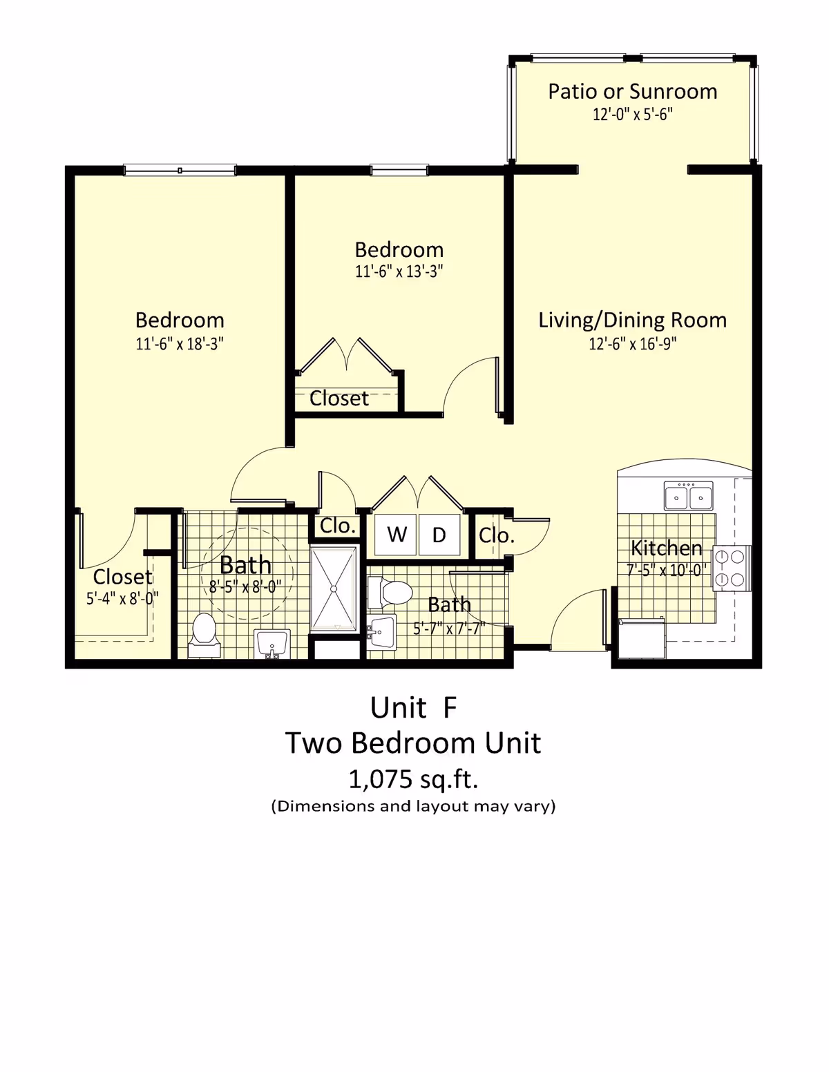 Floor plan of Unit F, a two-bedroom unit with 1,075 square feet. The layout includes two bedrooms, two bathrooms, a living/dining room, a kitchen, a patio or sunroom, closets, and a washer and dryer area.
