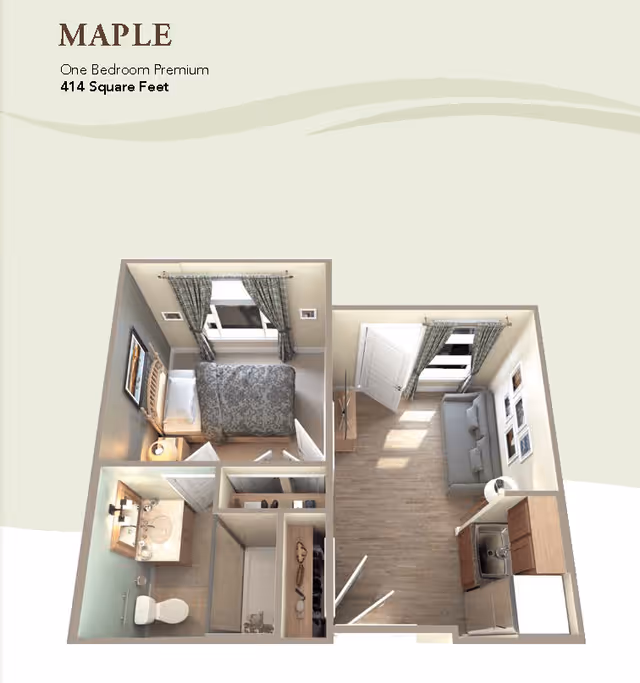 3D floor plan of a one-bedroom premium apartment named Maple, showing a bedroom with a bed and window, a bathroom with a sink and toilet, a closet, and a living room area with a sofa, TV, and kitchenette with sink and cabinets.
