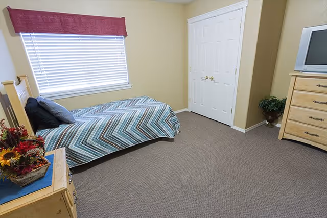 A simple bedroom with a single bed covered with a blue and white chevron patterned blanket, a wooden headboard, and two pillows. There is a window with closed blinds and a red valance above it. A wooden dresser with a small TV on top is positioned against the wall, and a small plant is placed in the corner near a double-door closet. A small wooden nightstand with a floral arrangement sits beside the bed.