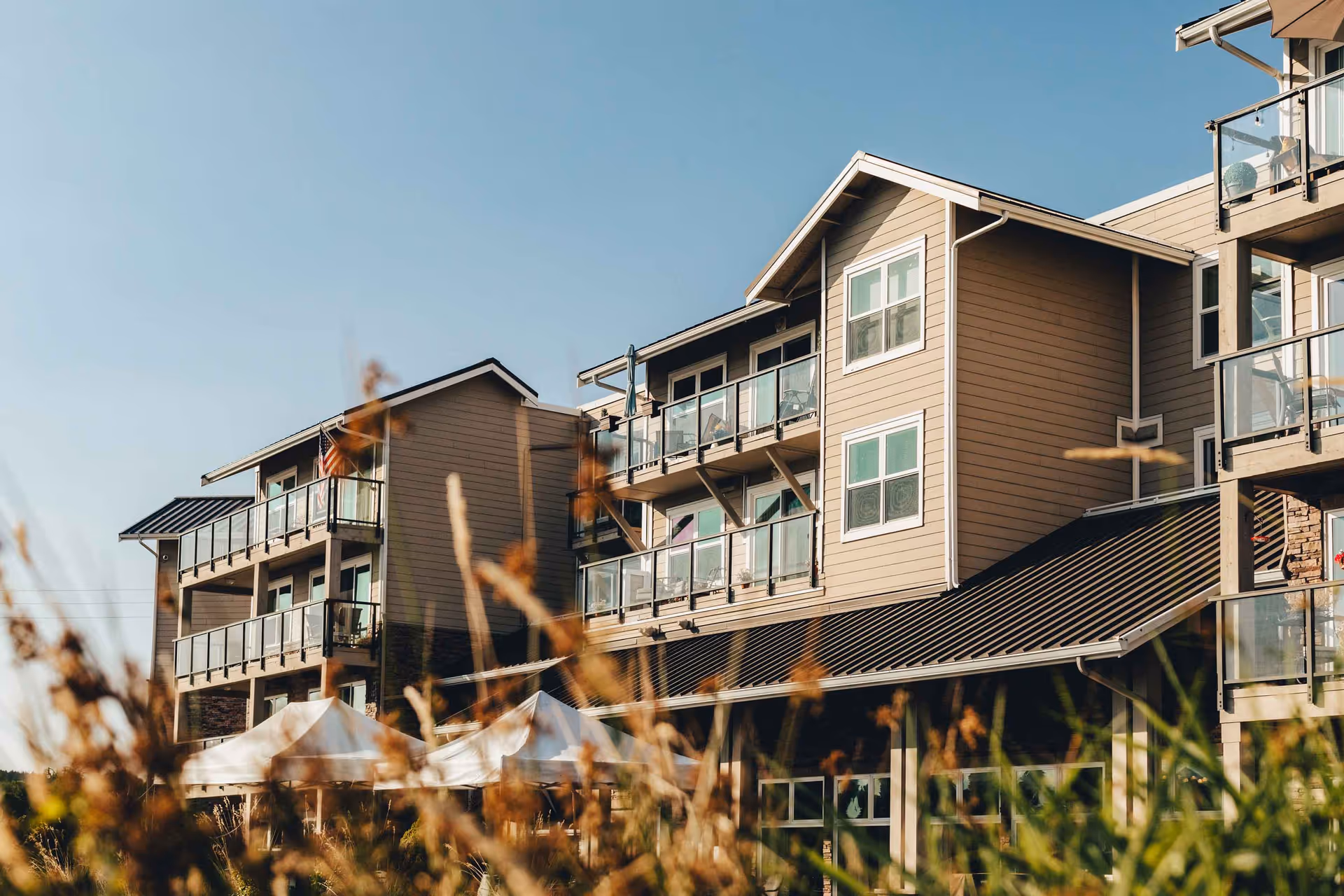 Exterior view of a multi-story senior living building with balconies and pitched roofs seen through foreground grasses.