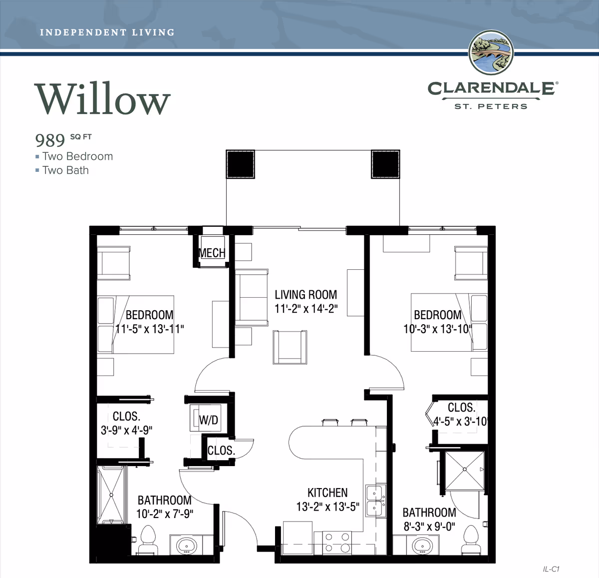 Floor plan titled "Willow" for Clarendale of St. Peters showing a 989 sq ft two‑bedroom, two‑bath apartment layout with kitchen, living room, bedrooms and bathrooms.