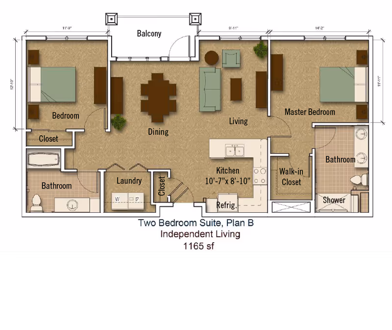 Floor plan of a two-bedroom suite, Plan B, for independent living at MorningStar Senior Living of Parker. The layout includes a master bedroom with a walk-in closet and bathroom with shower, a second bedroom with closet, two bathrooms, a laundry area, kitchen with refrigerator, dining area, living room, and a balcony.
