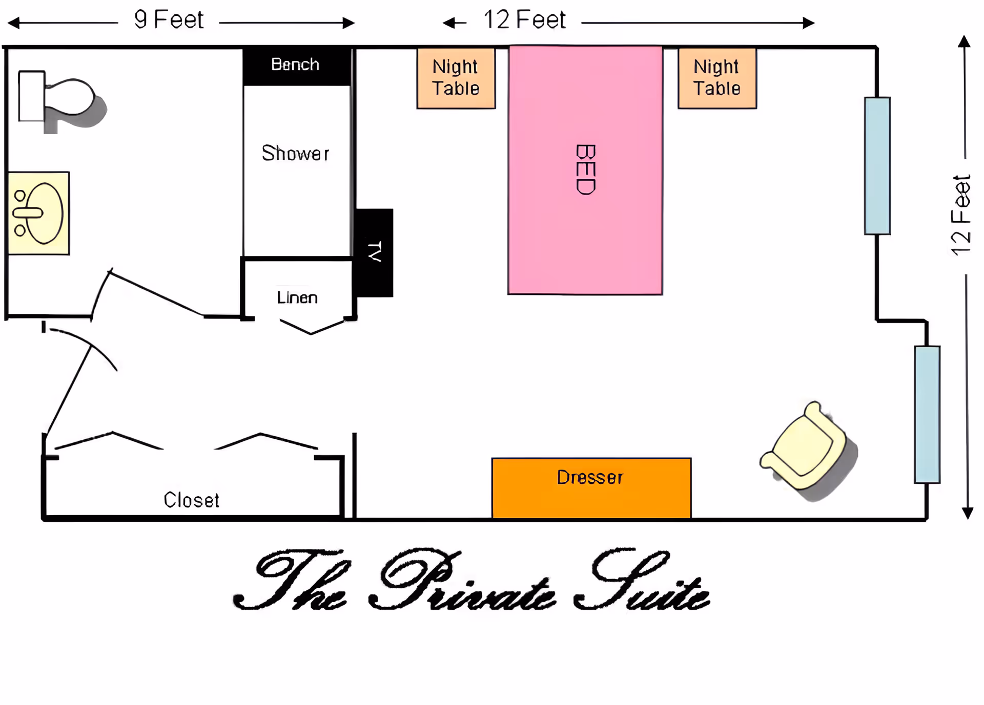 Colored floor plan of a private suite showing a bedroom with bed, night tables, dresser and chair, a closet, and a bathroom with shower and sink, with room dimensions.