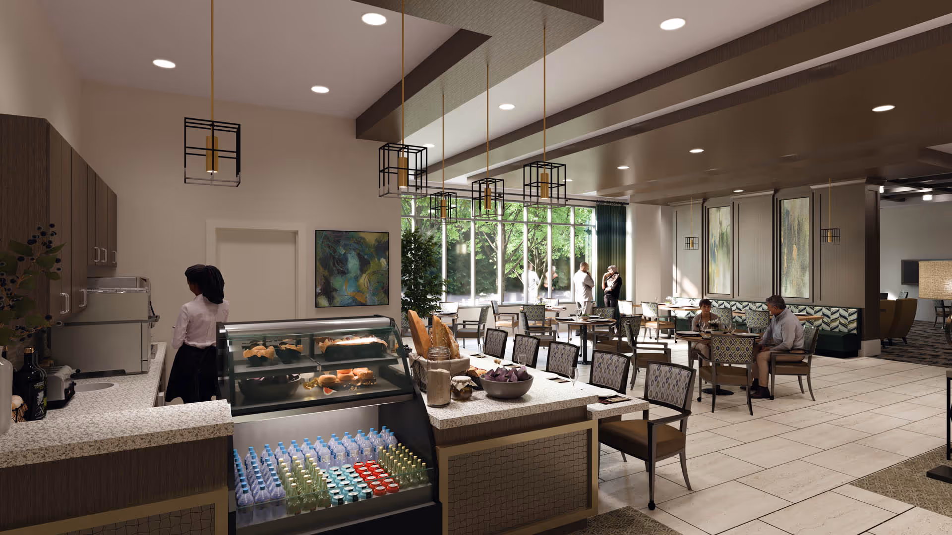 Spacious dining/cafe area with a service counter and display case in the foreground, multiple tables and chairs, pendant lights, and large windows showing greenery.
