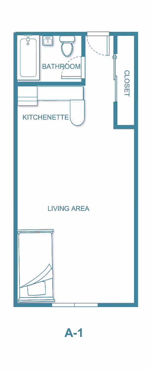 Floor plan labeled A-1 showing a living area with a bed, a kitchenette, a bathroom with a bathtub, sink, and toilet, and a closet near the entrance.