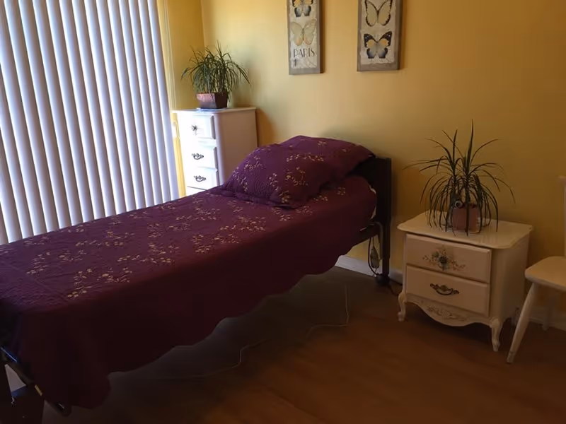 A small bedroom with a single bed covered in a purple bedspread and matching pillow. There are two white nightstands on either side of the bed, each with a potted plant. The walls are painted yellow, and two framed butterfly pictures hang above the bed. Vertical blinds cover a window on the left side of the room.