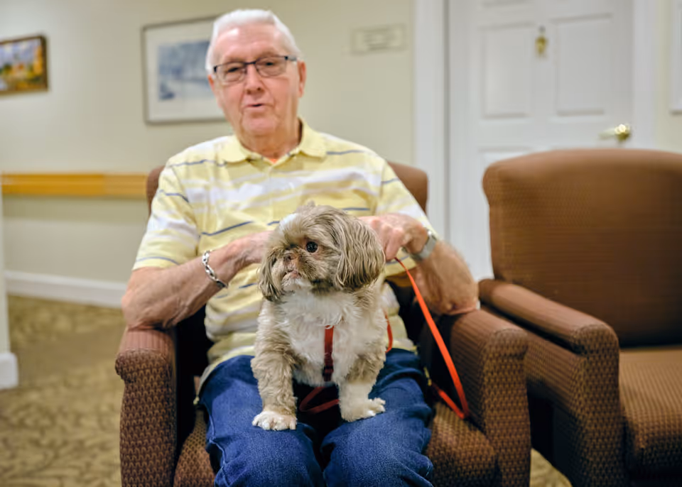 An elderly man wearing glasses and a yellow striped polo shirt sits in a brown armchair indoors, holding a small brown and white dog with a red harness on his lap. The background shows a carpeted floor, framed pictures on the wall, and a white door.