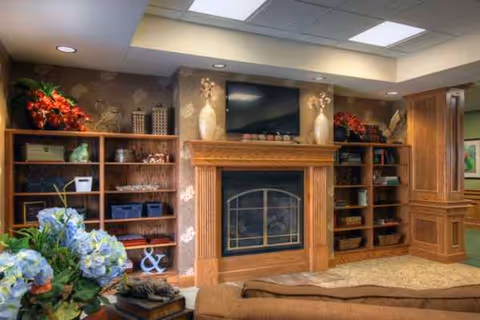 Cozy living room with a central fireplace, built-in shelves, and a mounted TV.
