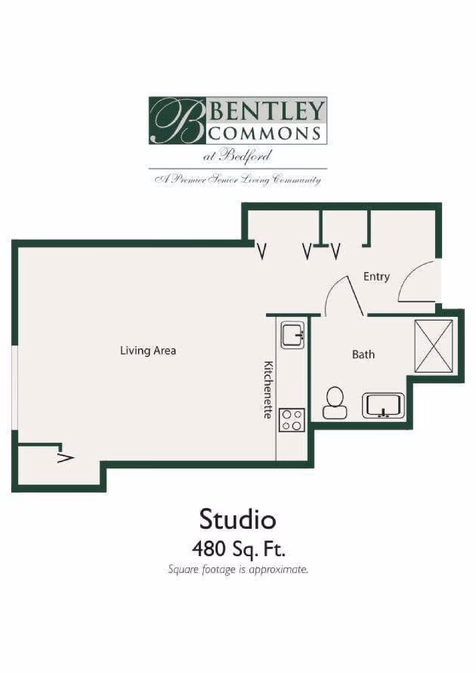 Floor plan of a studio apartment at Bentley Commons at Bedford showing a living area, kitchenette, bath, and entry with closets. The total area is approximately 480 square feet.