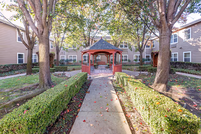 Outdoor courtyard area at Vista Roseville Senior Living featuring a paved walkway leading to a red gazebo surrounded by trimmed hedges and tall trees with residential buildings in the background.