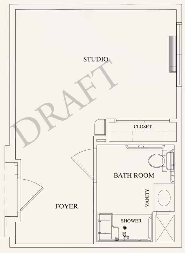 Architectural floor plan of a studio apartment at Watercrest at Mansfield, showing a foyer, studio living area, closet, and a bathroom with a vanity, toilet, and shower.
