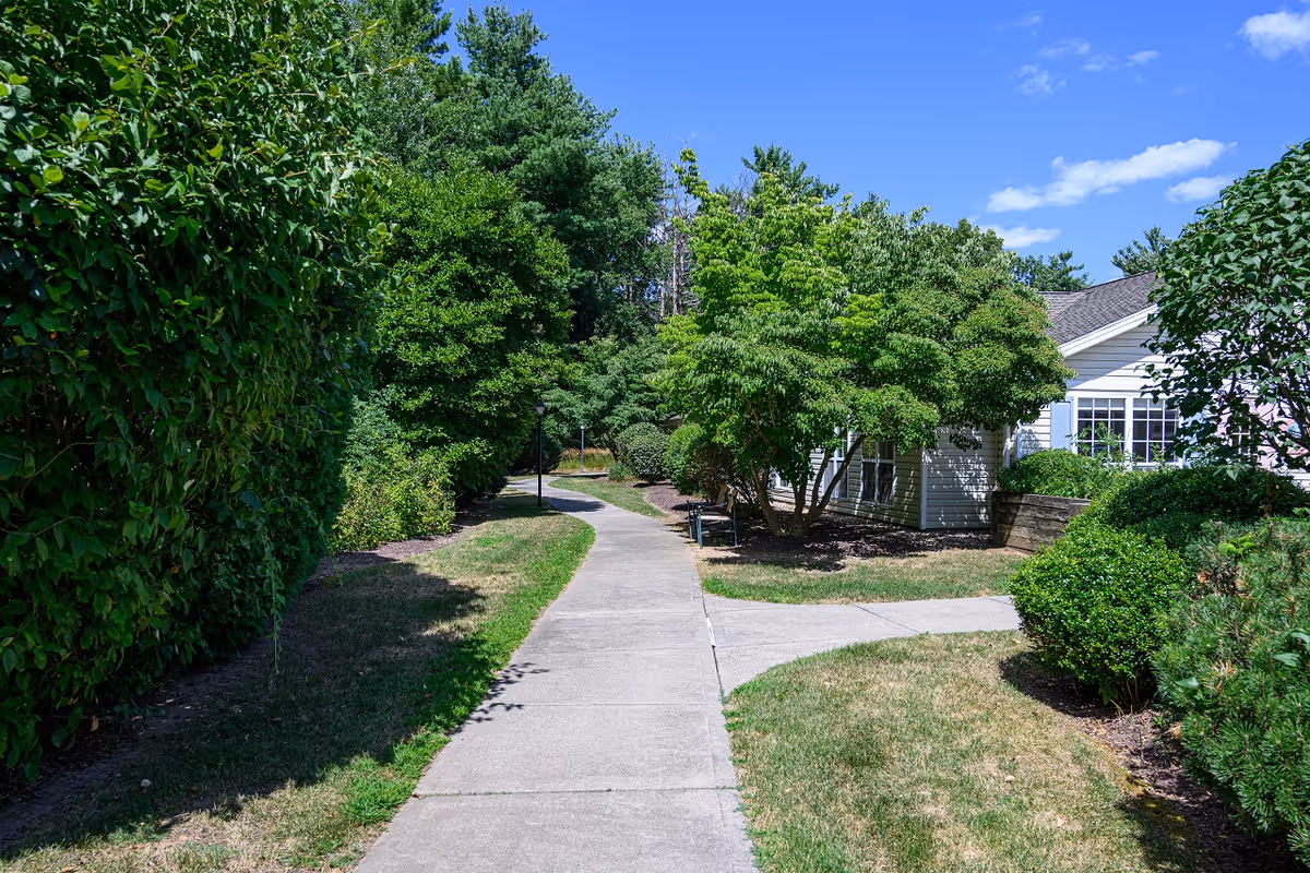Concrete walkway through landscaped grounds with trees and shrubs leading past a white building under a blue sky.