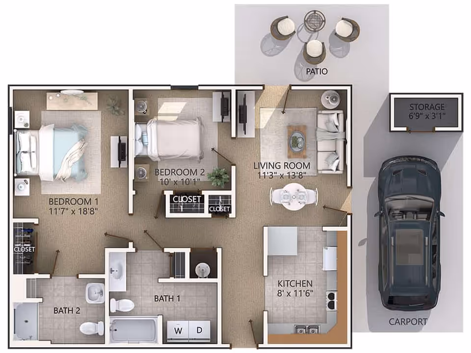 Rendered floor plan of a two-bedroom, two-bath apartment showing a living room, kitchen, patio, carport and storage.