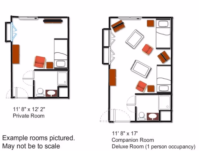 Floor plans showing two types of rooms at The Haworth Center: a private room measuring 11' 8" x 12' 2" with a bed, chair, desk, and bathroom; and a companion deluxe room measuring 11' 8" x 17' with two beds, chairs, tables, and a bathroom. Both layouts include furniture placement and bathroom fixtures.