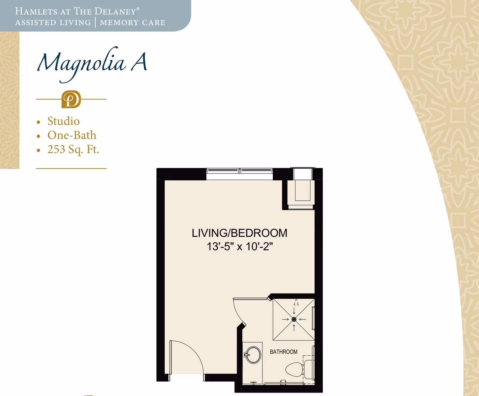 Floor plan for Magnolia A studio apartment at Hamlets at The Delaney assisted living and memory care, showing a living/bedroom area measuring 13 feet 5 inches by 10 feet 2 inches, and a one-bathroom layout within 253 square feet.