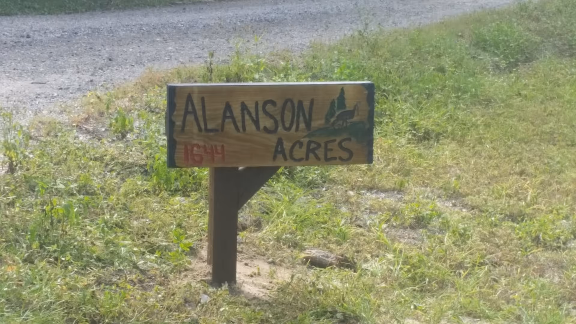 A wooden signpost in a grassy area near a gravel road. The sign reads 'ALANSON ACRES' with the number '1644' in red on the lower left corner. There is a small painted image of trees and a bench on the right side of the sign.