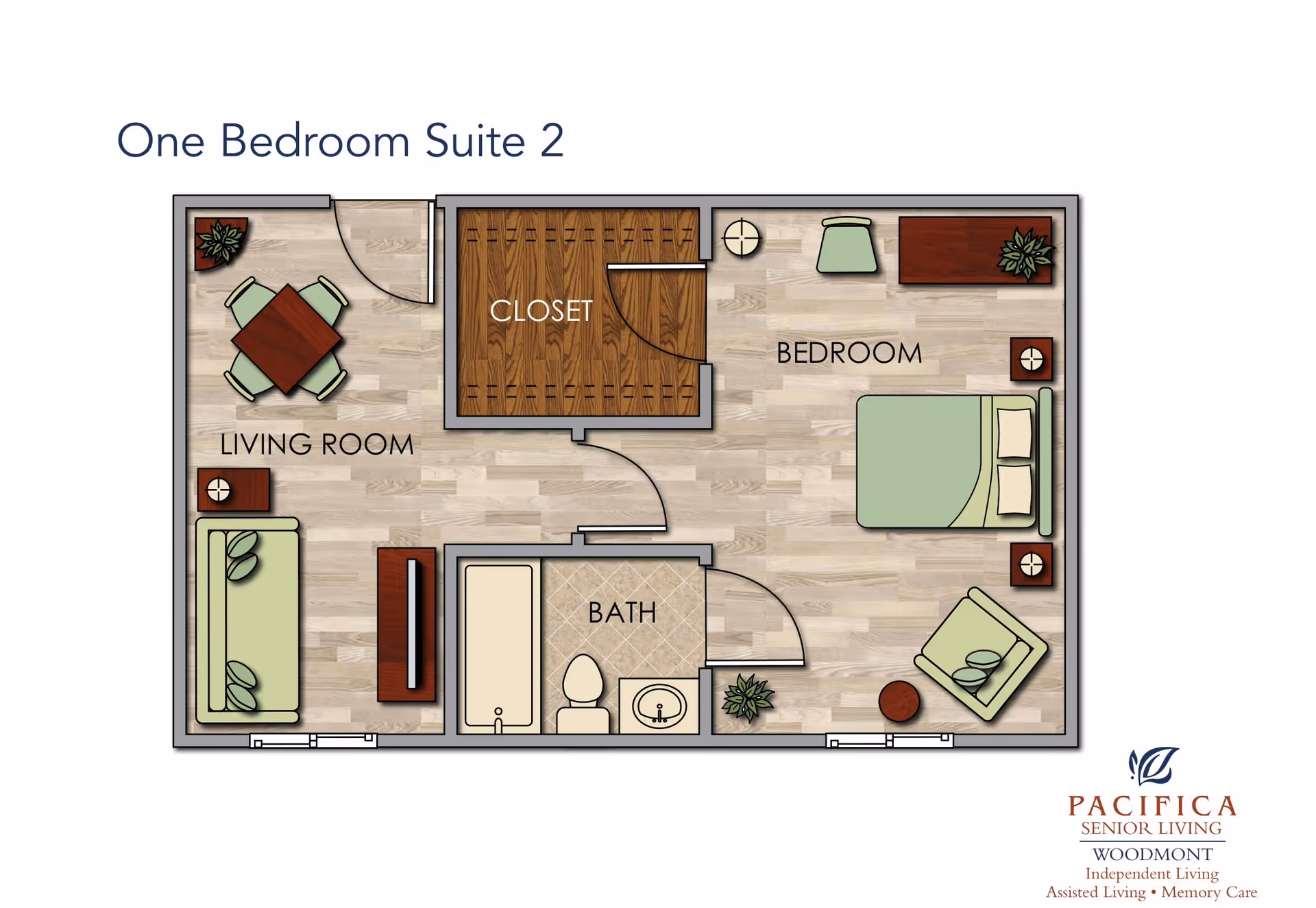 Floor plan of a one bedroom suite showing a living room with a sofa, table and chairs, a bedroom with a bed, chair, and dresser, a closet, and a bathroom with a bathtub, toilet, and sink.