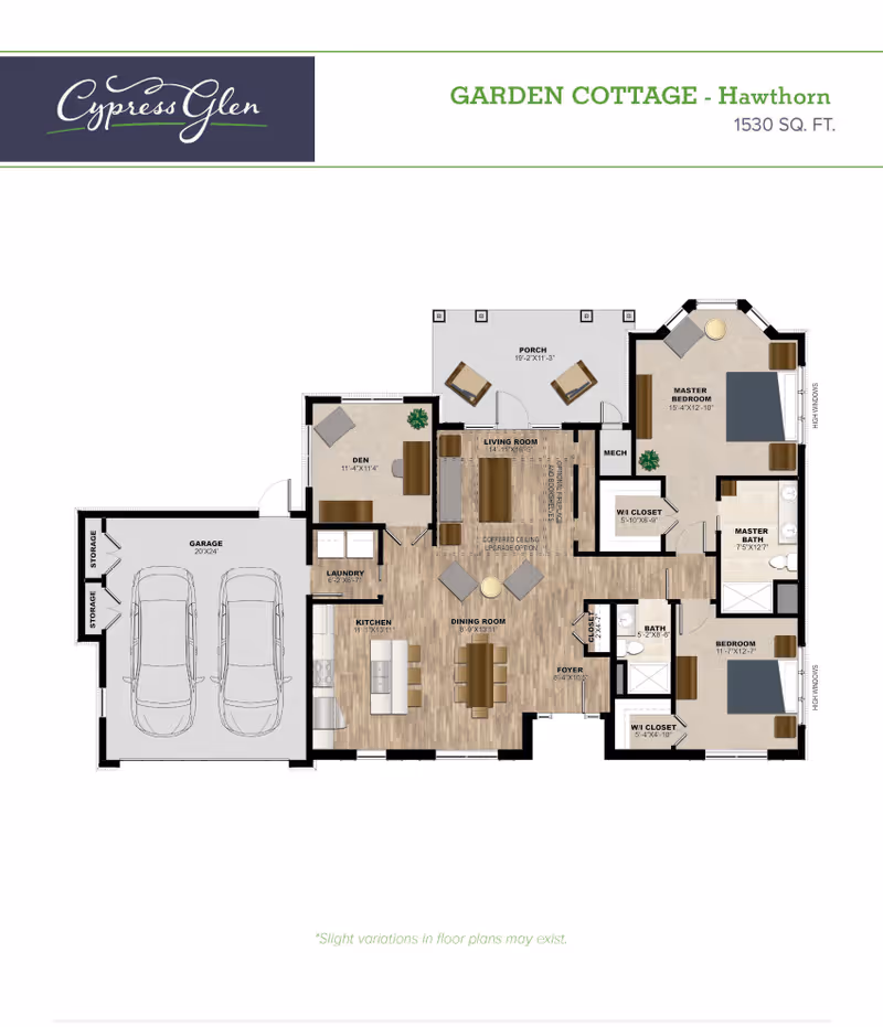 Floor plan of the Garden Cottage - Hawthorn at Cypress Glen Retirement Community, showing a layout with a garage for two cars, den, laundry room, kitchen, dining room, living room, porch, master bedroom with walk-in closet and master bath, a second bedroom with walk-in closet, an additional bath, and foyer.