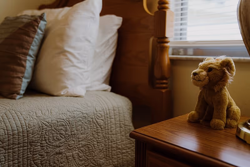 A neatly made bed with pillows beside a nightstand holding a small stuffed lion toy.