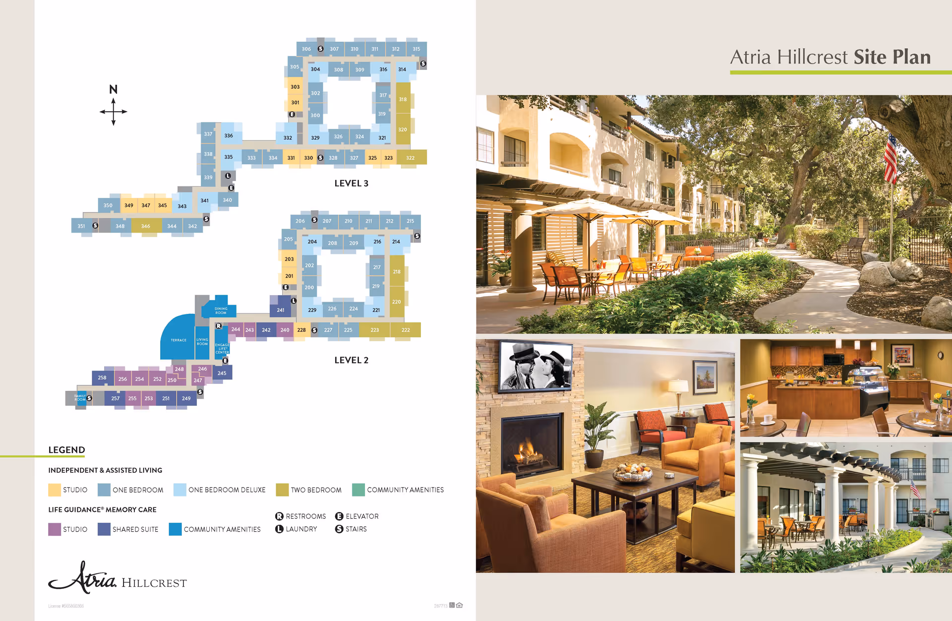 A site plan of Atria Hillcrest showing three levels with color-coded room types and amenities on the left, and four photos on the right depicting an outdoor patio area with tables and umbrellas, a cozy living room with a fireplace and seating, a kitchen or dining area with a counter and chairs, and an outdoor covered seating area with tables and chairs.