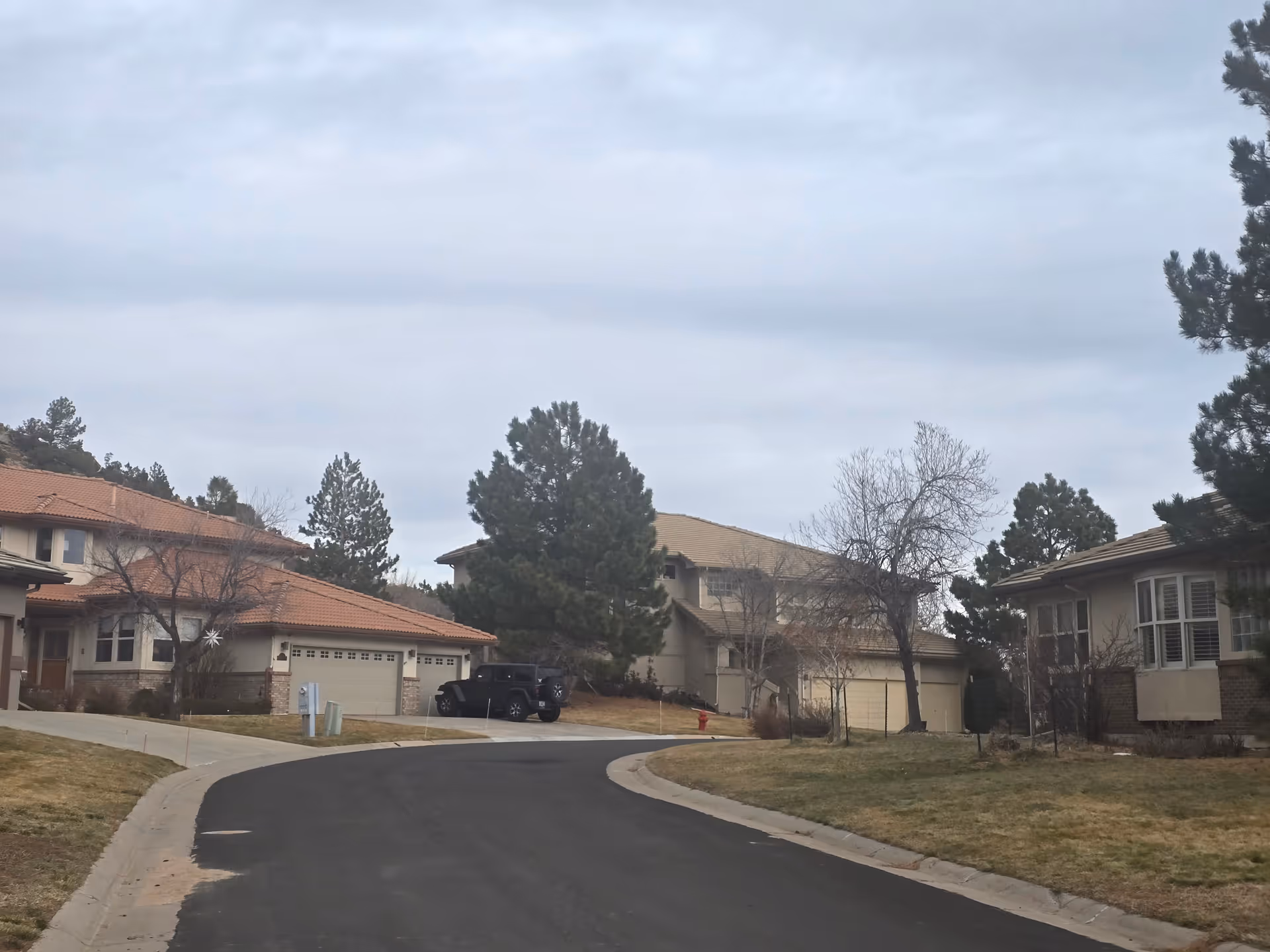 A quiet residential street with several houses featuring beige walls and brown tiled roofs. There are trees, some without leaves, and a black SUV parked in a driveway. The sky is overcast.