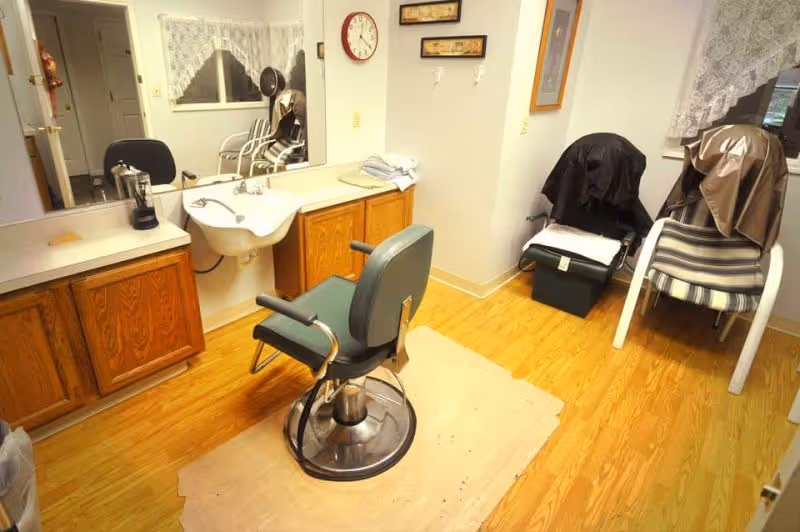 Interior of a small salon or grooming room with a green barber chair in front of a sink and countertop with wooden cabinets. There are two chairs with covers on them against the wall, a clock on the wall, and lace curtains on the windows.