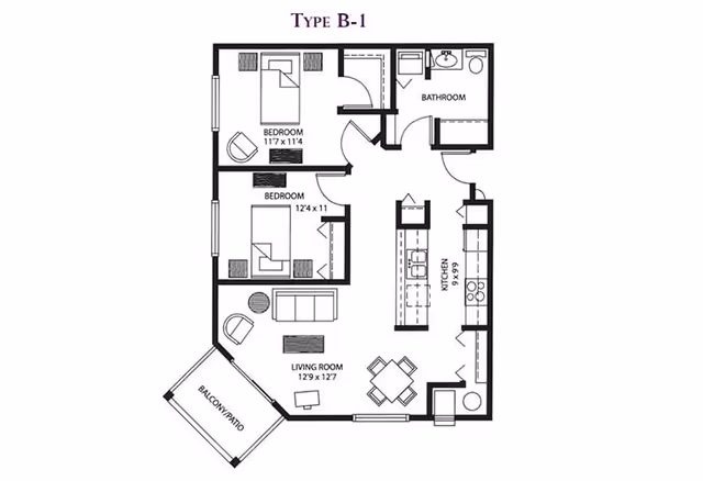 Architectural floor plan labeled Type B-1 showing a layout with two bedrooms, one bathroom, a kitchen, a living room, and a balcony/patio. The bedrooms are labeled with dimensions, and the kitchen includes counters and appliances. The living room has furniture icons including a sofa and chairs.