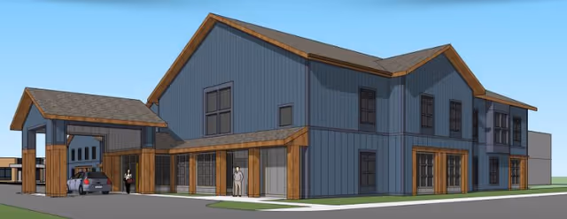 Architectural rendering of a two-story blue building with a covered vehicle drop-off, wooden trim, and small human figures at the entrance.