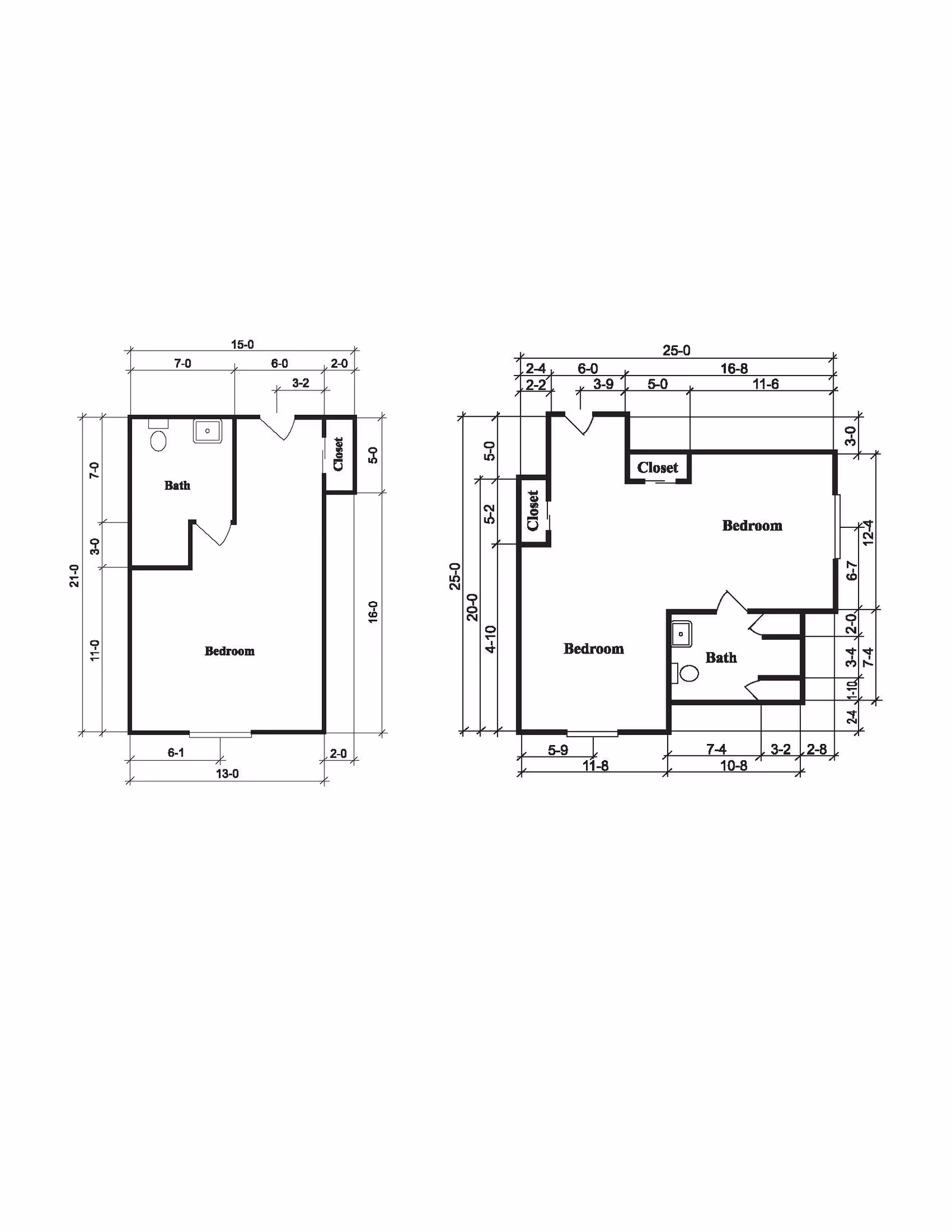 Architectural floor plan showing two layouts with labeled rooms including bedrooms, baths, and closets along with detailed measurements.
