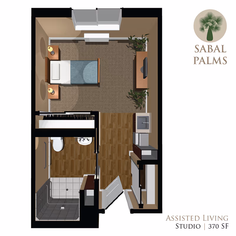 Top-down floor plan illustration of a studio assisted living apartment showing a bed, nightstands, kitchenette, bathroom with shower, and a small living area with TV and plants.