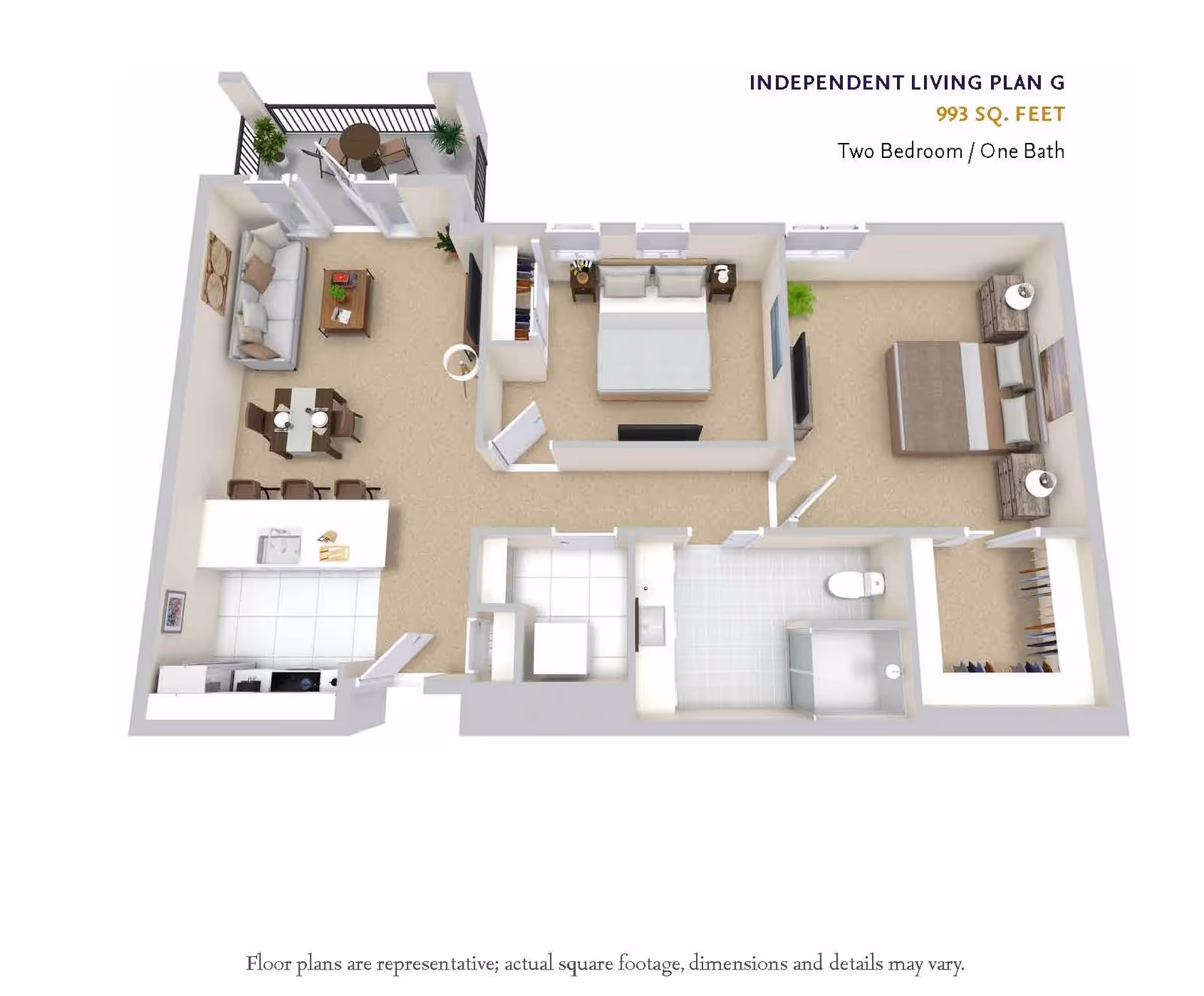 3D floor plan of an independent living apartment labeled Plan G with 993 square feet, featuring two bedrooms, one bathroom, a kitchen, dining area, living room, and a balcony with outdoor seating.