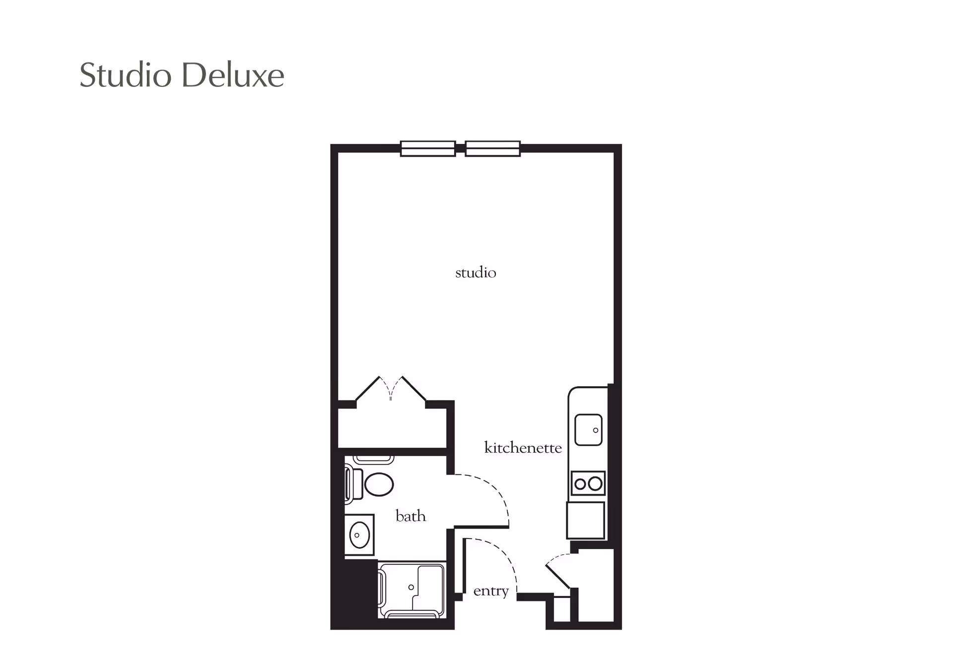 Floor plan of a studio deluxe apartment showing a studio area, kitchenette, bathroom, and entryway.