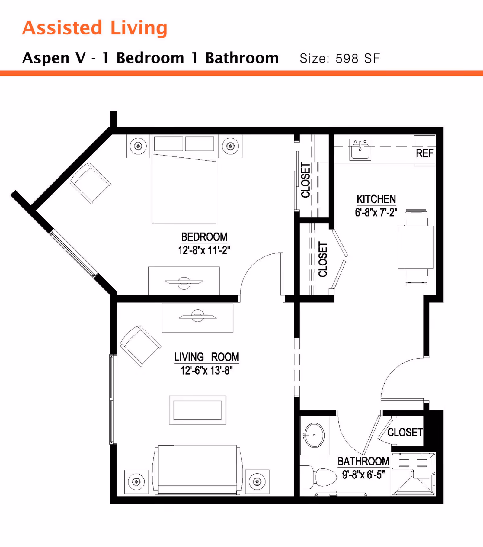 Floor plan of an assisted living unit named Aspen V at Monarch Southbury, showing a layout with 1 bedroom, 1 bathroom, a kitchen, and a living room. The bedroom measures 12 feet 8 inches by 11 feet 2 inches and includes a bed and two chairs. The living room measures 12 feet 6 inches by 13 feet 8 inches and contains a sofa, two chairs, and a coffee table. The kitchen is 6 feet 8 inches by 7 feet 2 inches with a sink, refrigerator, and dining table with chairs. The bathroom is 9 feet 8 inches by 6 feet 5 inches and includes a toilet, sink, and shower. Closets are located near the kitchen and bathroom.