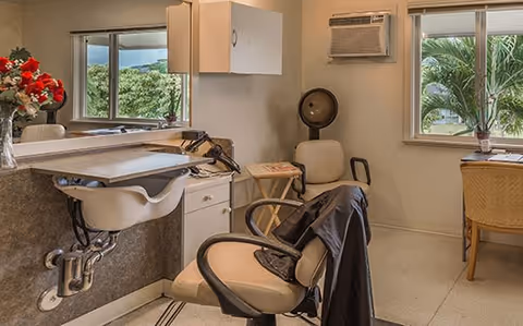 Interior salon area with barber chairs, a shampoo sink and a hooded hair dryer next to windows overlooking greenery.