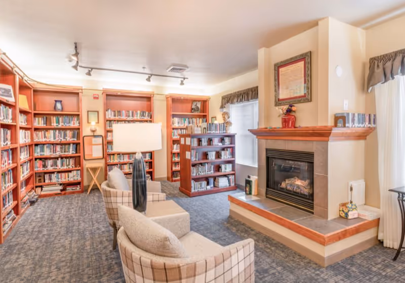 A cozy library room with carpeted floor, wooden bookshelves filled with books, two cushioned armchairs with a small table and lamp between them, and a fireplace with a framed picture above it. The room has windows with curtains allowing natural light to enter.