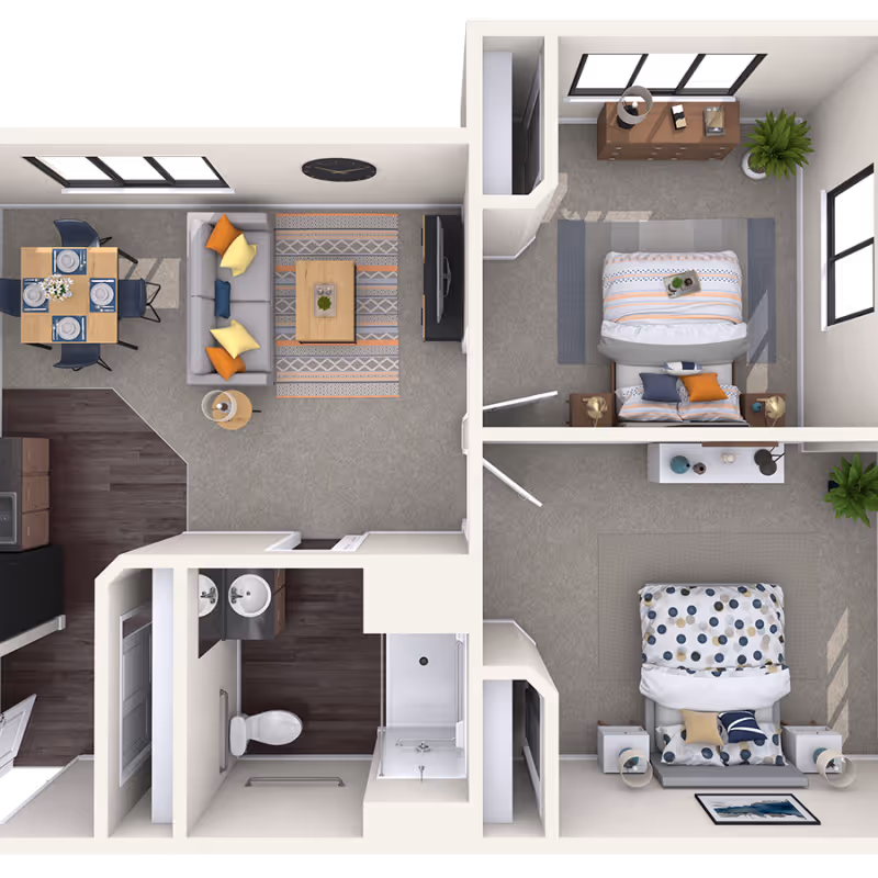 Top-down view of a senior living apartment floor plan featuring two bedrooms, a living room with a sofa and coffee table, a dining area with a table set for four, a kitchen with appliances, and a bathroom with a toilet, sink, and shower.