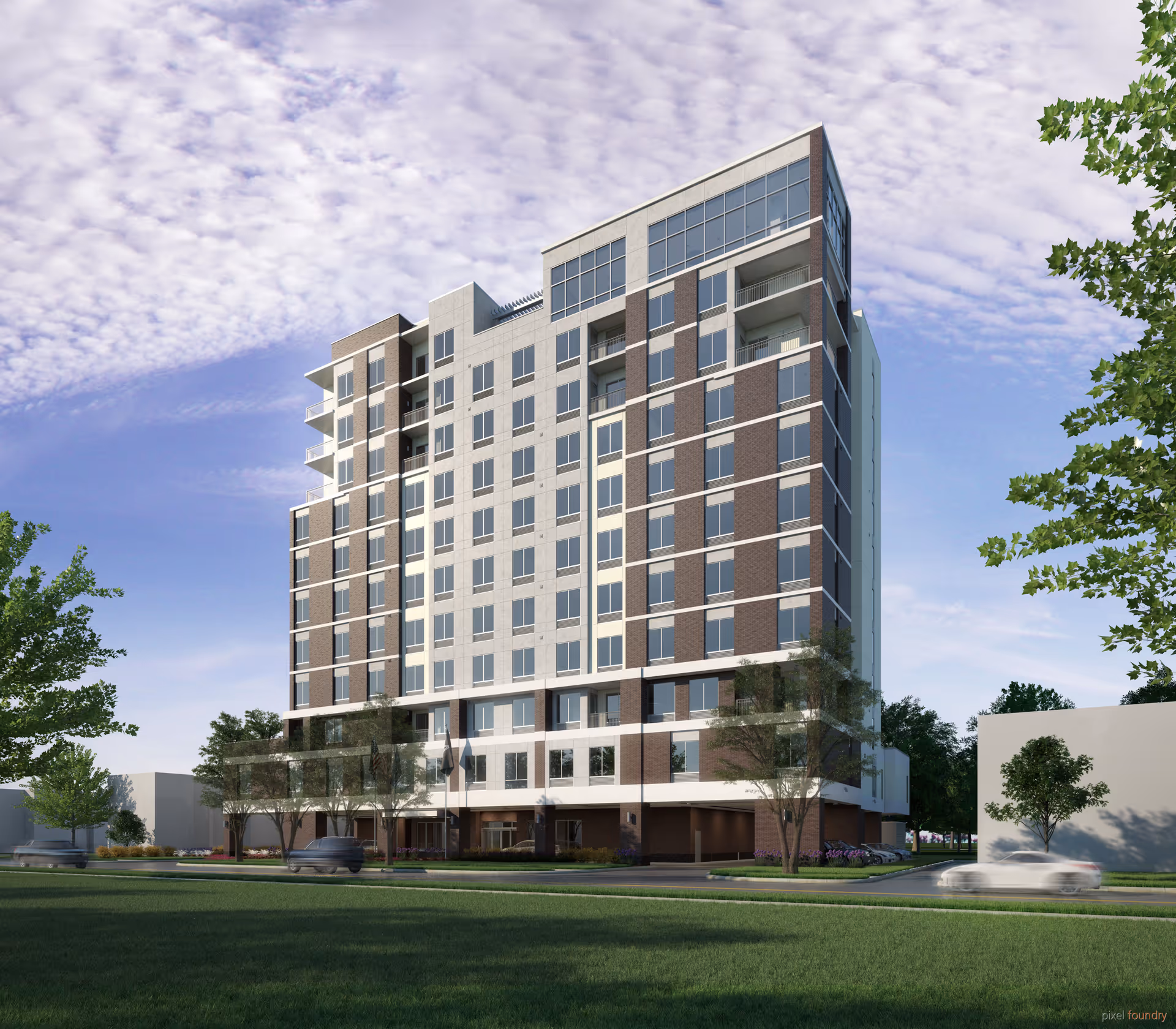 Exterior view of a modern multi-story senior living facility building with large windows and balconies, surrounded by trees and a grassy area under a partly cloudy sky.