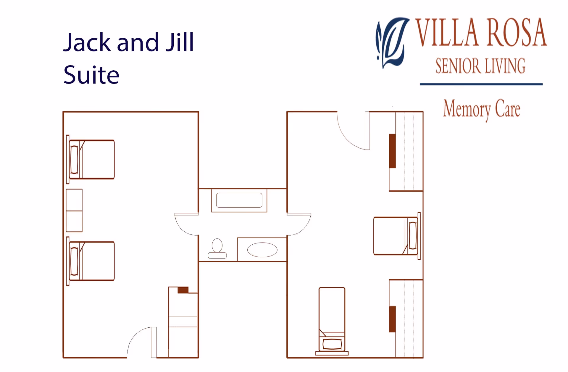 Floor plan layout of the Jack and Jill Suite at Villa Rosa Senior Living Memory Care, showing two bedrooms connected by a shared bathroom in the center.