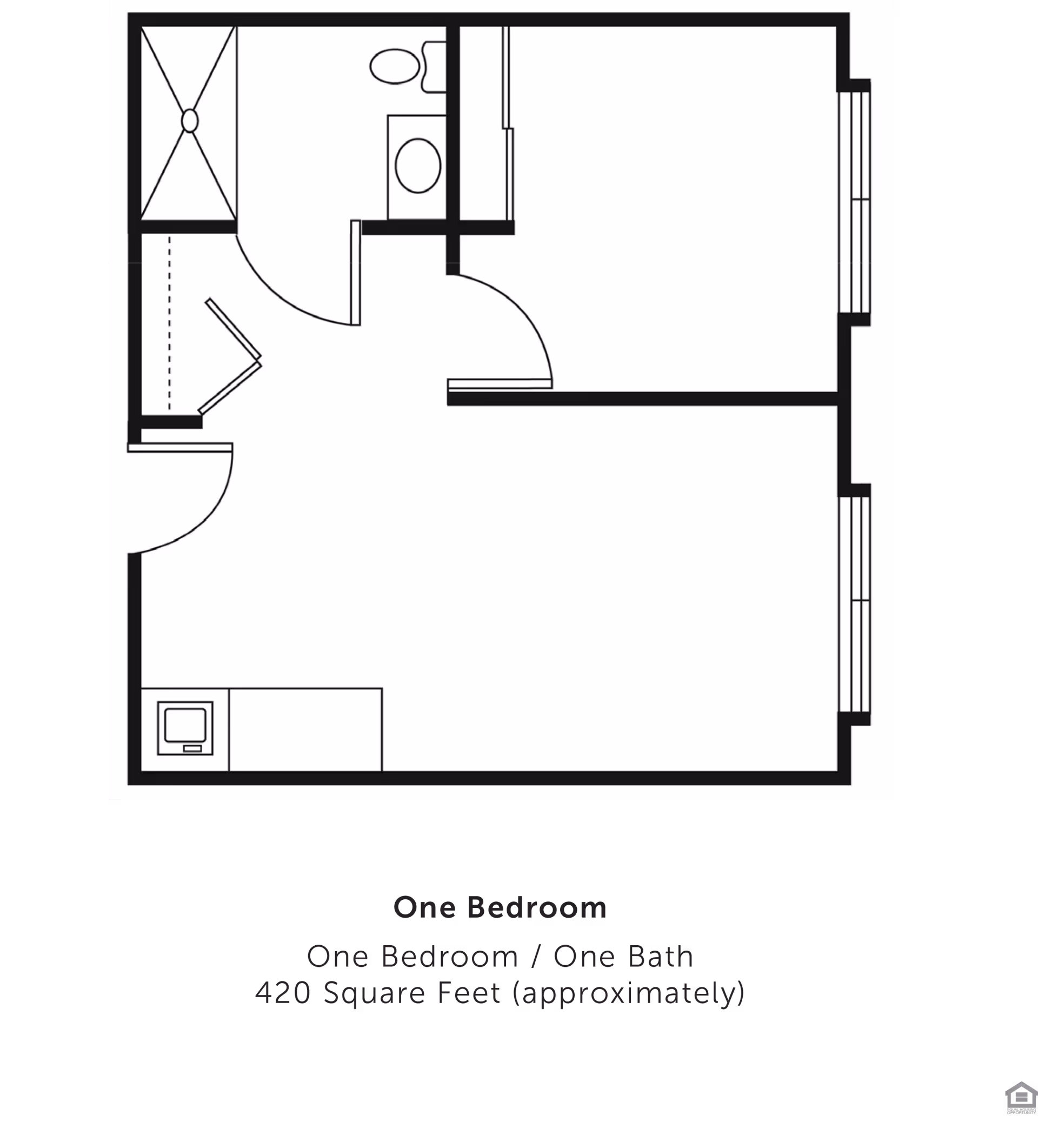 Black-and-white floor plan labeled 'One Bedroom' showing a one-bedroom, one-bath apartment layout with living/kitchen area and bathroom.