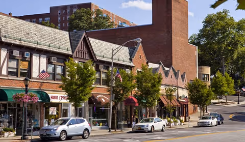 Row of brick storefronts with awnings, hanging flower baskets, trees and parked cars along a city street.